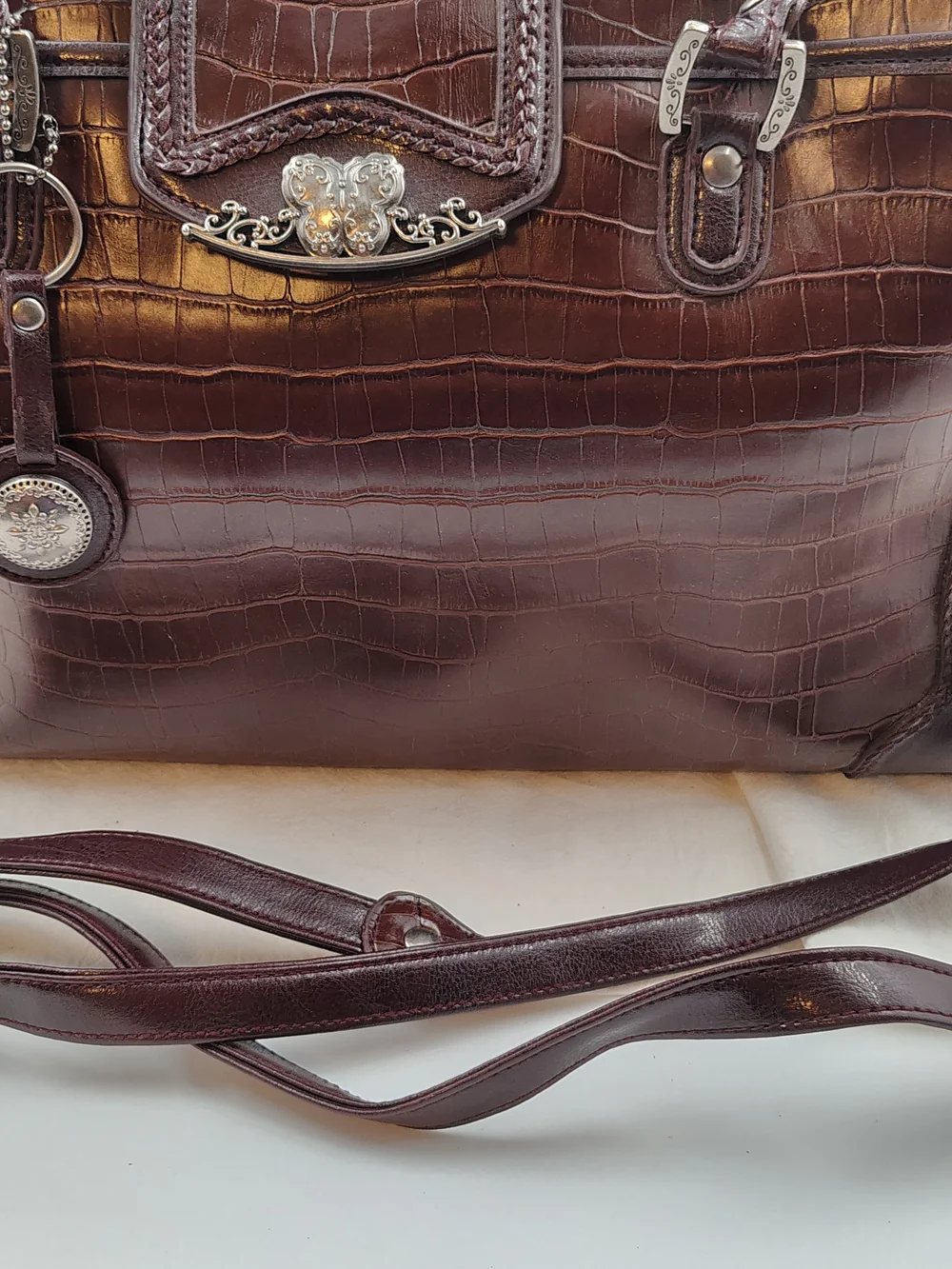 Classic Croc-Embossed Satchel Handbag/ Shoulder Bag in Deep Brown